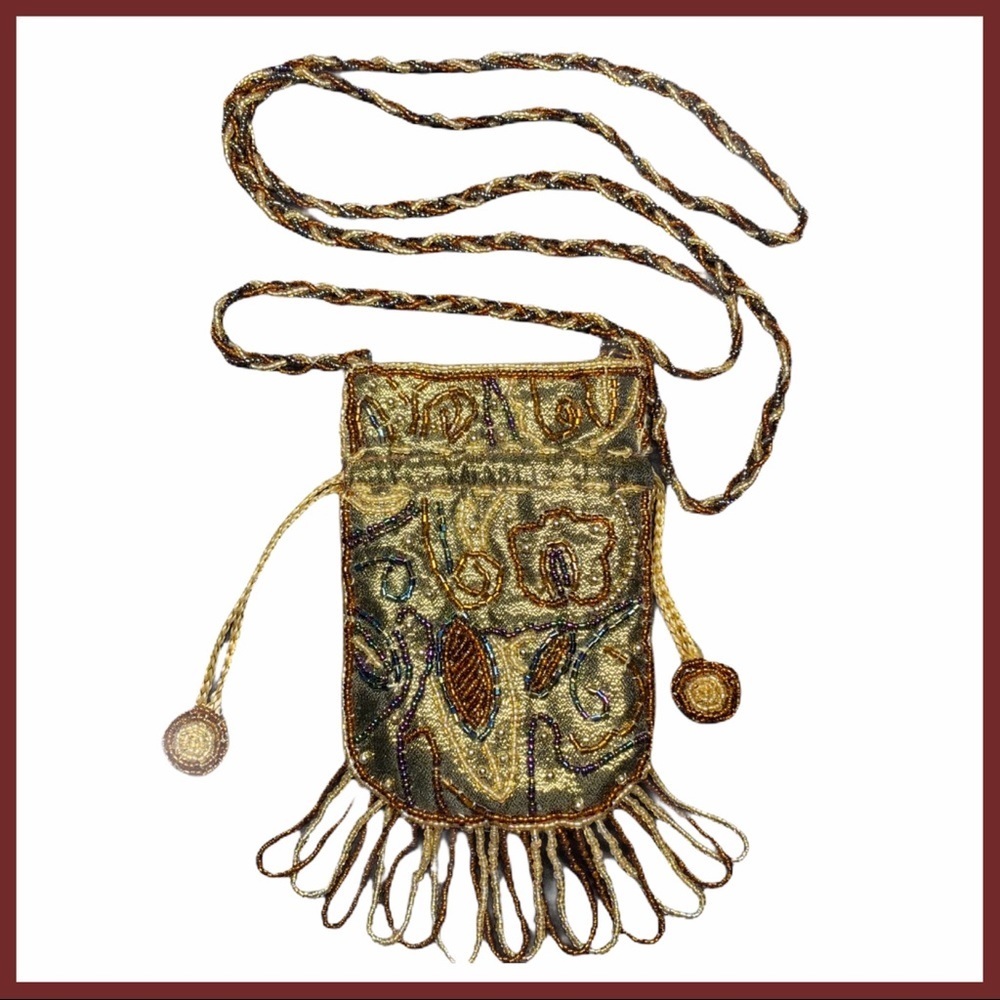 Small Gold Handmade Beaded Drawstring Bag NWOT